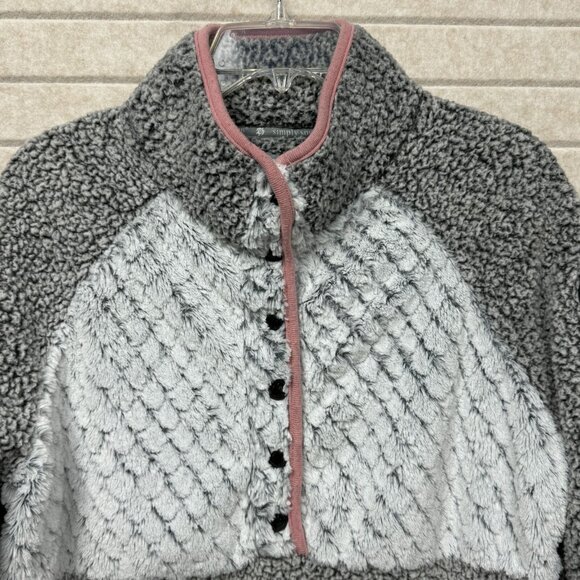 Simply Southern Sherpa Fleece Pullover Gray White Button Front Women’s Small - Picture 2 of 13